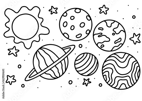 Collection of hand drawn fashion icons vectors, sketches of solar system, moon, stars and planets