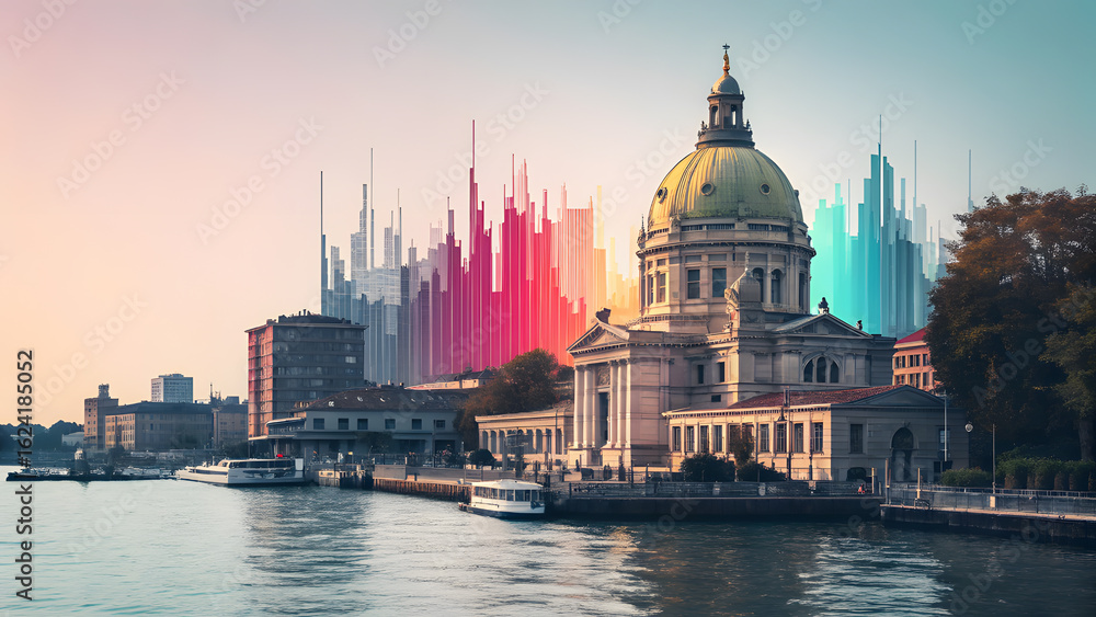 Fototapeta premium Cityscape with architectural dome and colorful digital data visualization