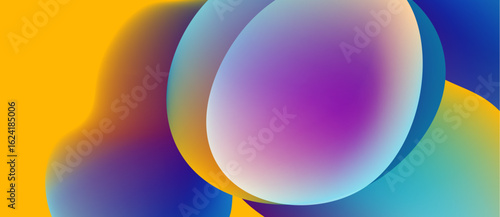 Abstract colorful shapes overlap. Gradient hues blend, creating vibrant visual experience. Smooth transitions dominate composition.