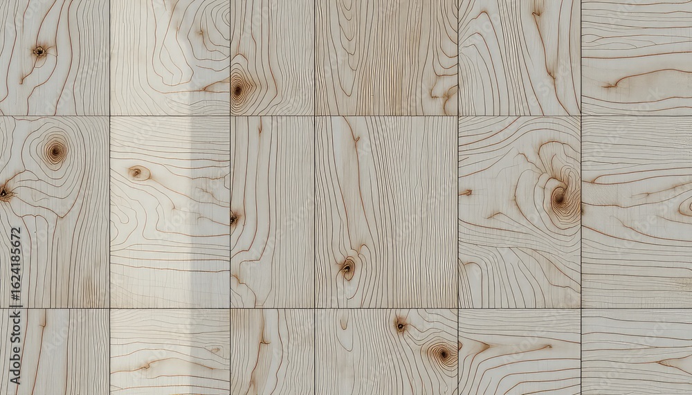 Naklejka premium Seamless Pattern with Light Wooden Panels Arranged in a Grid, Displaying Detailed Grain Texture and Natural Knots