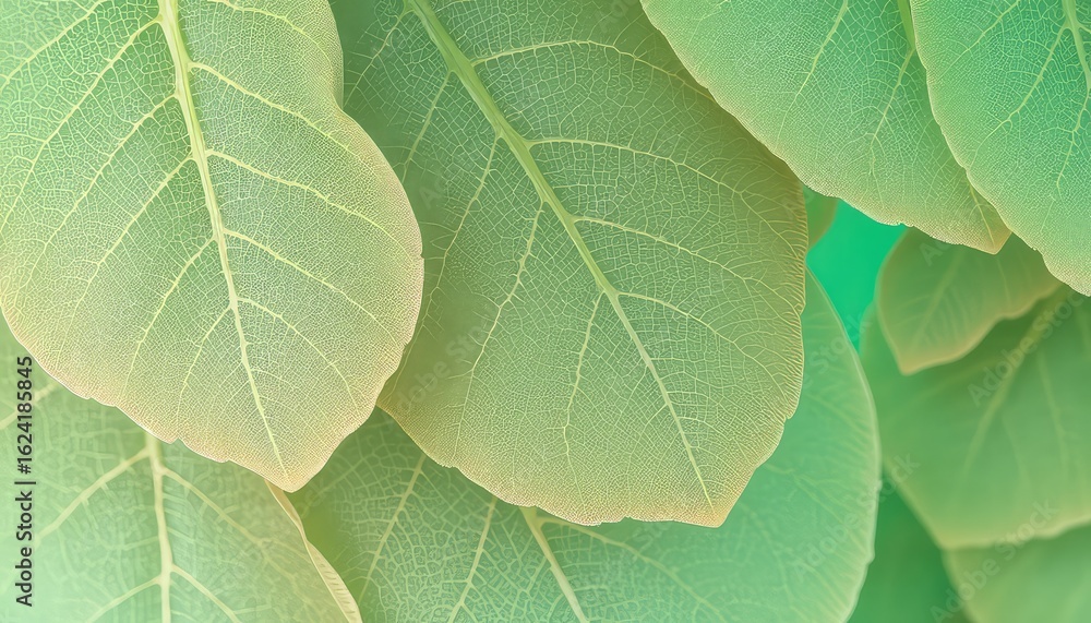 Fototapeta premium Close up view of fresh light green leaves showing leaf vein detail, texture, and patterns in natural light