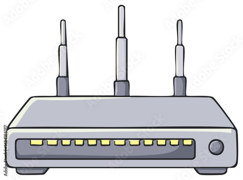 Illustrated wireless internet router modem with three antennas and glowing indicator lights