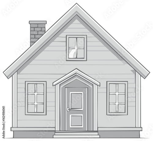 Illustration of a simple house with a chimney, door, and windows on a light background. Isolated housing cartoon drawing.