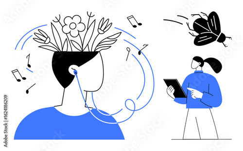 Human enjoying music with blooming flowers symbolizing creativity, observer exploring insect on tablet. Ideal for creativity, mindfulness, sustainability, music, innovation, education, simple landing