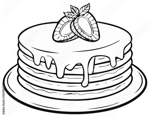 Stack of Pancakes Drizzled with Syrup and Topped with Strawberries