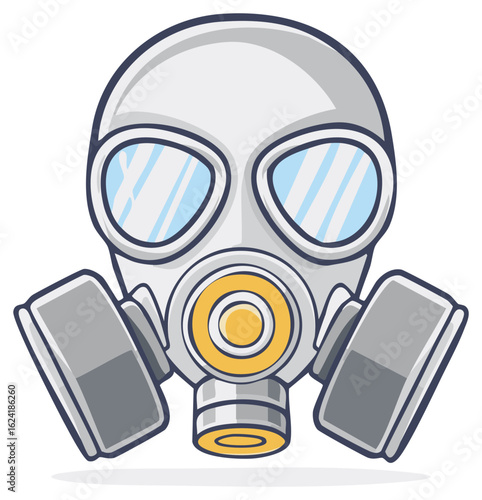Cartoon Illustration Depicting a Protective Gas Mask Featuring Filters and Eye Coverings