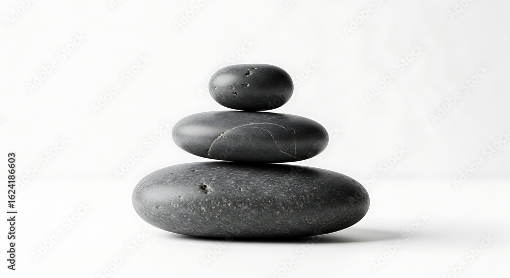 Fototapeta premium A minimalist composition of three smooth, dark grey zen stones stacked perfectly on top of each other. The background is a clean, solid white, creating a sense of calm, balance, and meditation.