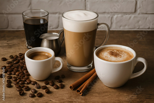 A cozy coffee selection with espresso, latte, cappuccino, and cinnamon on a rustic table