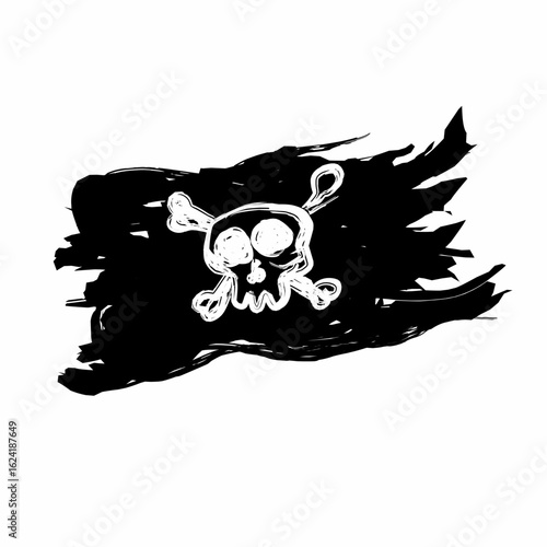 pirate flag with grungy brush strokes and quirky skull illustration vector isolated on white background