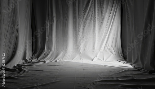 Monochromatic photograph of layered material creating an evocative sense of mystery and subtle light play, casting gentle shadows.