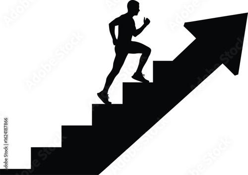 Man running up stairs with an upward arrow isolated on white