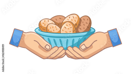 Hands holding a bowl of potatoes illustration for cooking recipes and food preparation designs vector art