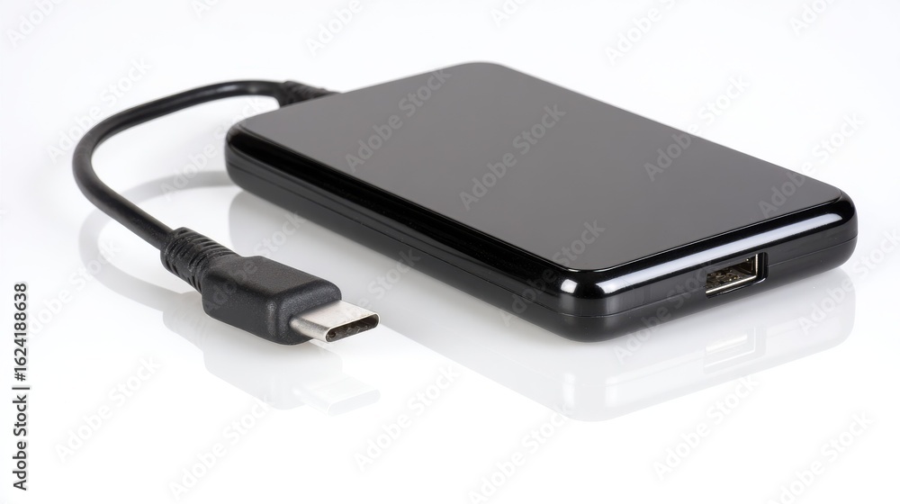 A black portable external solid state drive with USB type C connector is on white A black portable external solid state drive with USB type C connector is on white