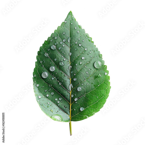 Close-up of a vibrant green leaf, covered in dew drops (1)