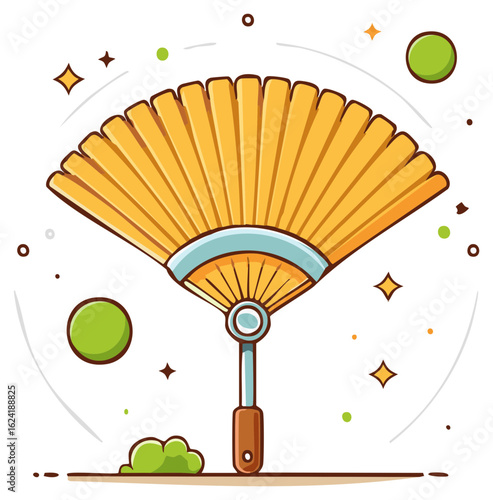 Bright yellow traditional folding hand fan illustration for cooling