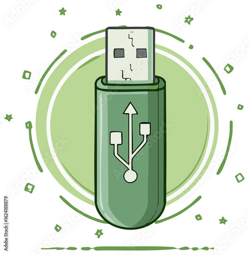 USB flash drive illustration with digital background in green color