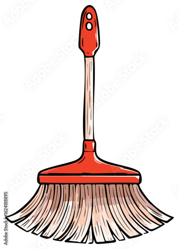 Red Broom Cleaning Tool Illustration with White Bristles for Dusting Sweep Chores
