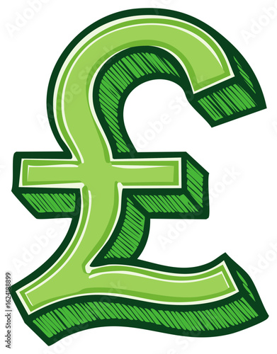 Green stylized British pound sign illustration isolated on white background