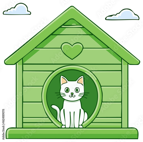 Cute White Cat Sitting Inside a Green Pet House with Heart Symbol on Roof