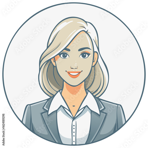 Professional cartoon woman with blonde hair and gray suit smiling inside a circle