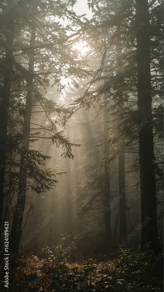 Naklejka premium Tranquil Forest Trees with Sunlight Beams and Mist: Serene Scenic Nature Landscape for Outdoor Exploration and Adventure