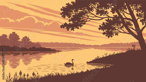 Sunset lake landscape with swan vector illustration for nature background and peaceful scene wallpaper design