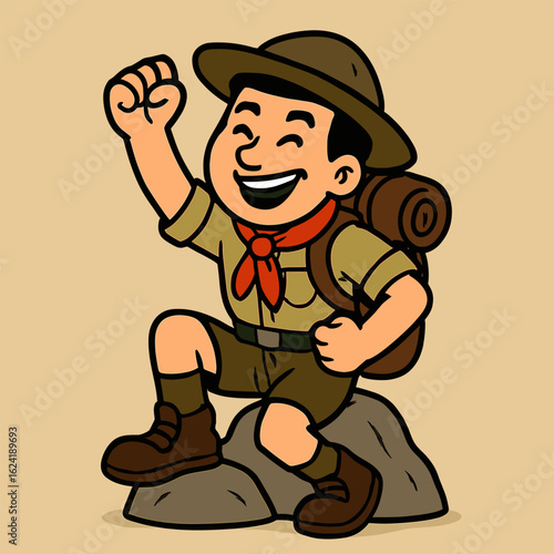 A funky cartoon man scout sits confidently on a rock, flashing a victory pose with a wide smile and backpack on, set against a plain beige background.