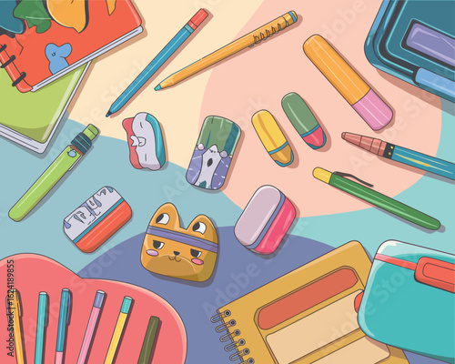 Back to School Stationery Supplies Flat Lay Vector Illustration on White Background