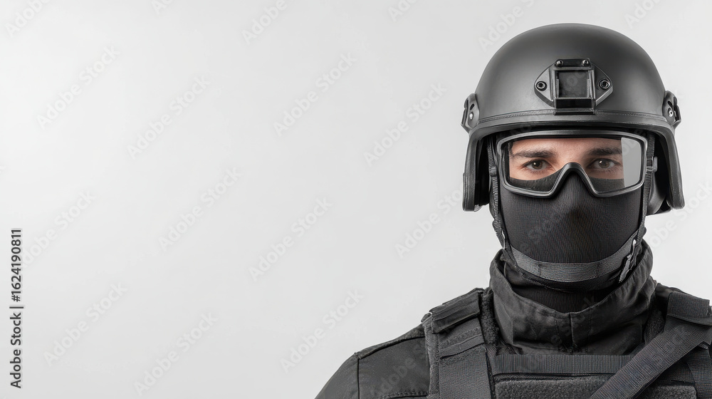 Fototapeta premium Tactical soldier in black helmet and protective gear with intense eyes looking forward in studio setting