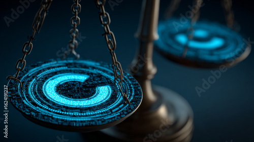 Glowing copyright symbol on scales represents intellectual property law