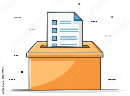 Orange ballot box with a vote paper inside and voting symbols and dashes