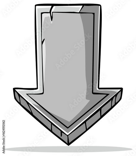 Gray Stone Arrow Pointing Downward with a Slight Fracture in the Top Corner in a Cartoon Style