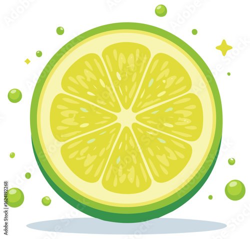 Lime slice graphic with juice bubbles and star sparkles, fresh citrus icon
