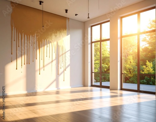 Sunlit empty room with large windows  partially painted wall  hardwood floors