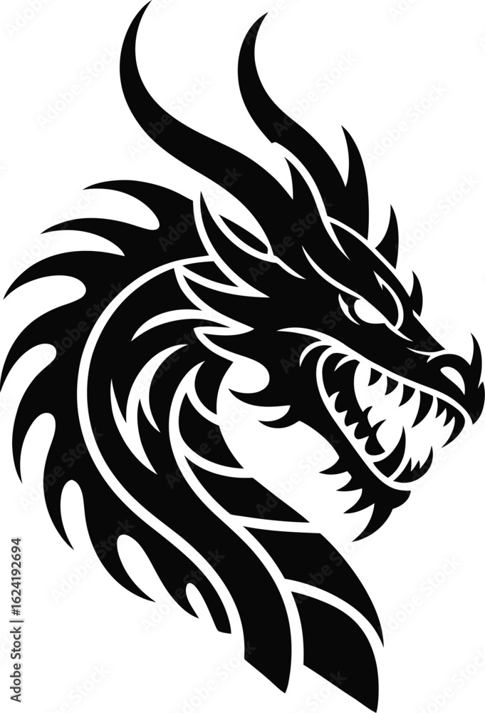 Obraz premium Fierce black dragon head tribal design white