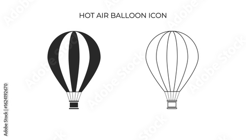 A pair of hot air balloon icons, one solid and one outlined, with vertical stripes and a basket.