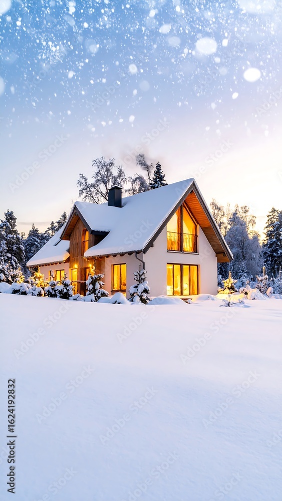 Snow-covered modern house glowing warmly at dusk Snow-covered modern house glowing warmly at dusk