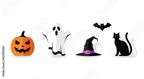 Halloween Icons: Pumpkin, Ghost, Cat, Witch Hat