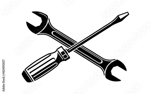Crossed wrench and screwdriver tools metal