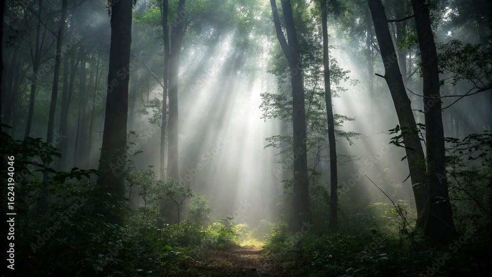 Obraz premium Sunlit pathway through a misty forest featuring lush green trees and serene atmosphere