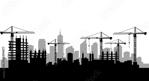 Vector Silhouette of Urban Construction Scene with Cranes and Buildings