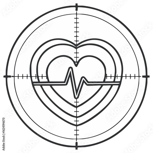 Heart with EKG line in a sniper scope crosshair, a concept of health risk and cardiac monitoring.