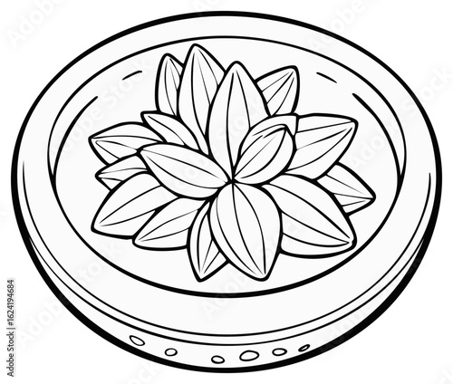 Black and white illustration of a flower in a dish
