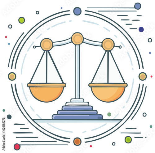 Justice scale illustration symbolizing legal equality and fairness with abstract modern elements
