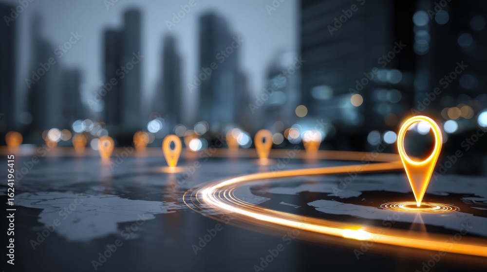 Fototapeta premium Cityscape illuminated by the path of glowing location markers, navigating through the urban landscape
