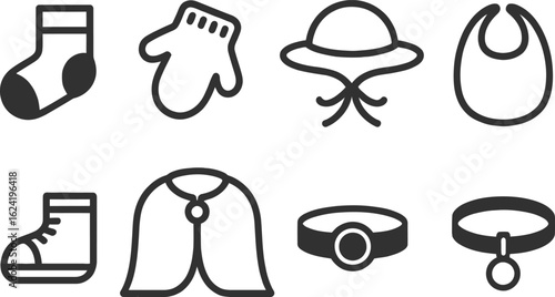 Baby Accessory Icons Sock, Glove, Hat, Bib, Bootie, Cape, Belt, Collar Outline