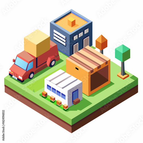 Isometric illustration of a small town with a delivery truck and buildings