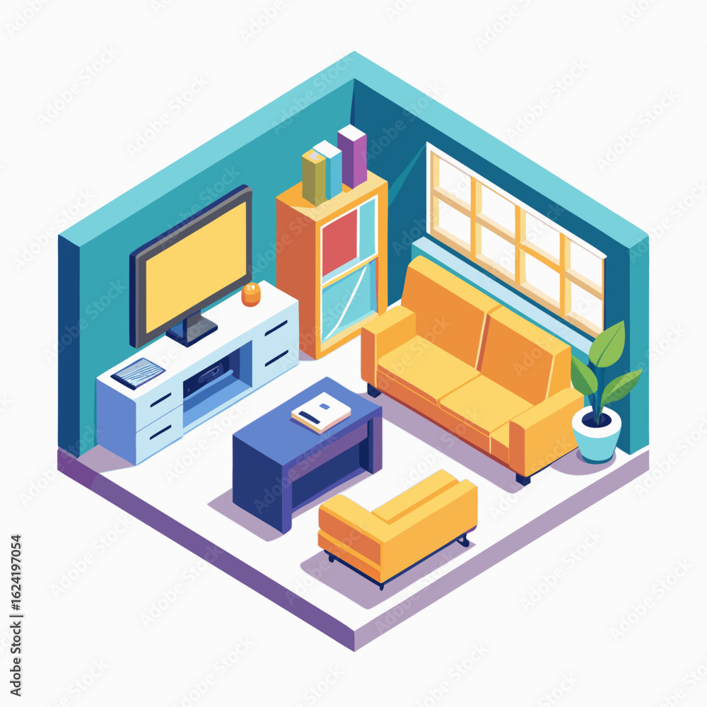 Fototapeta premium Cozy isometric living room with modern furniture and entertainment center
