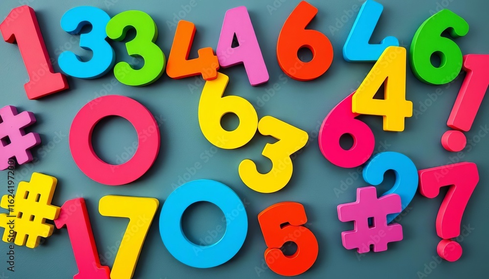 Naklejka premium Colorful paper cut-out numbers, symbols, punctuation, and brackets Ideal for kids' crafts, posters, and banners, set, crafts