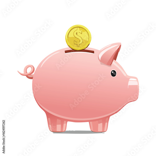 Pink Piggy Bank Vector Illustration with a Gold Coin - AI Generated